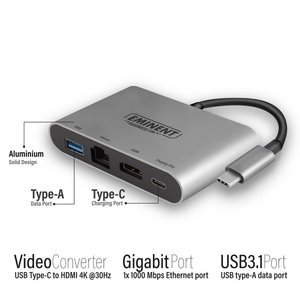 Eminent USB Type-C 4K Multiport Dock met HDMI, USB Type-A, Ethernet en USB Type-C
